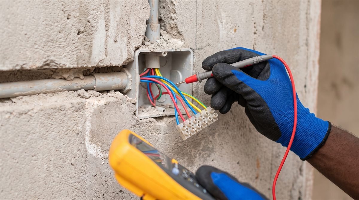 Close-up of an electrician testing wiring with a multimeter during a fault-finding job